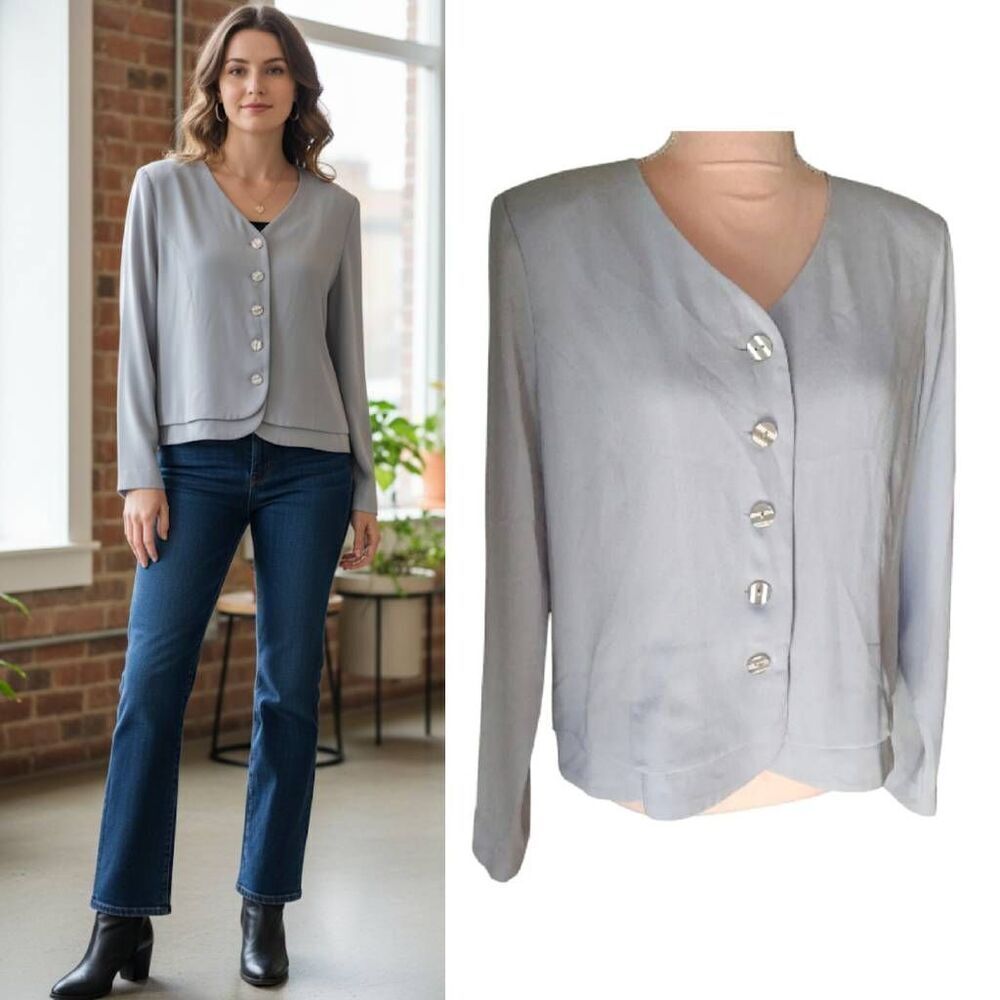 Appleseed's Light‎ Grey Layered Look Button Up Cropped Blazer SZ 12 Vintage